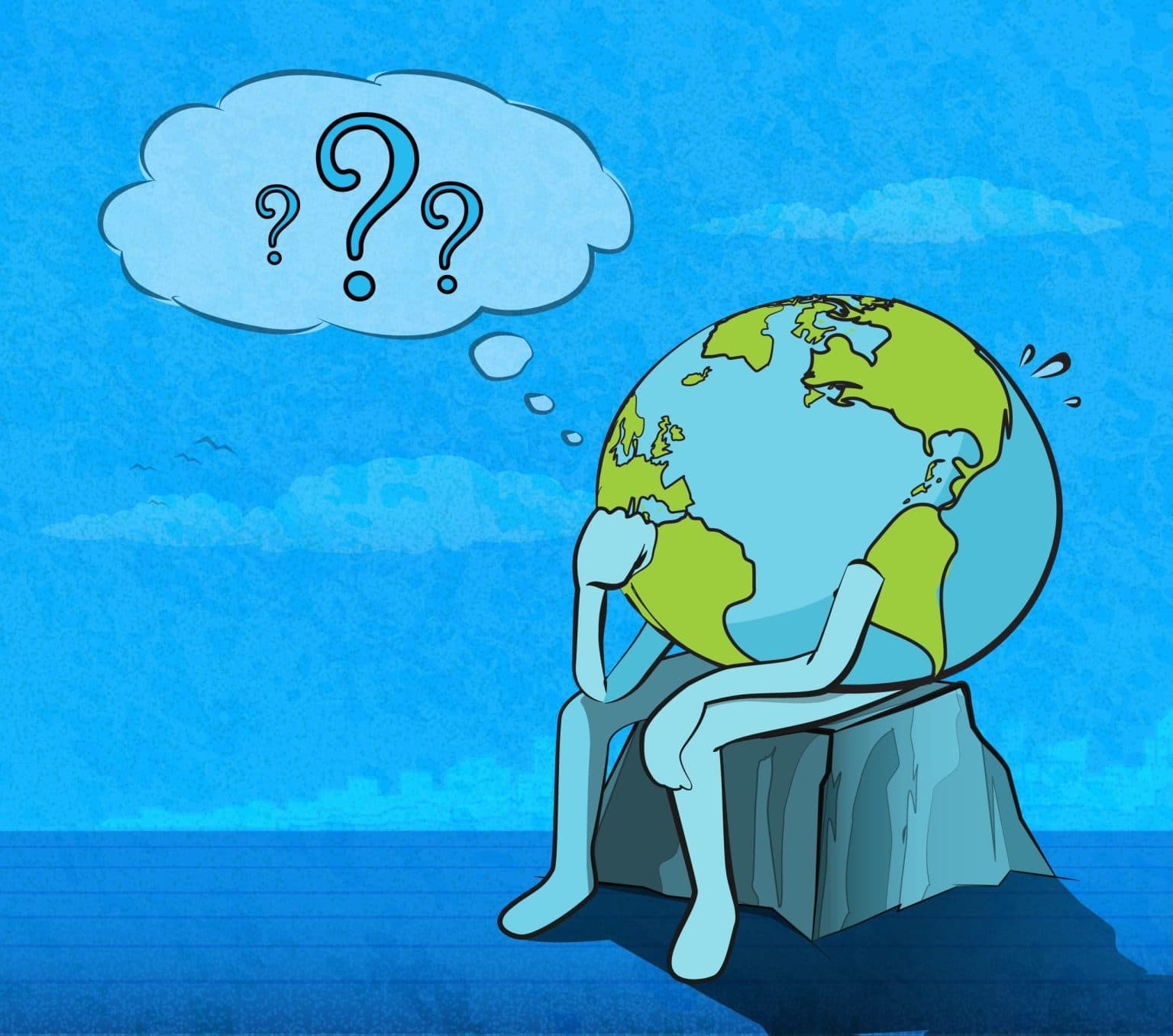Cartoon Earth with question marks 