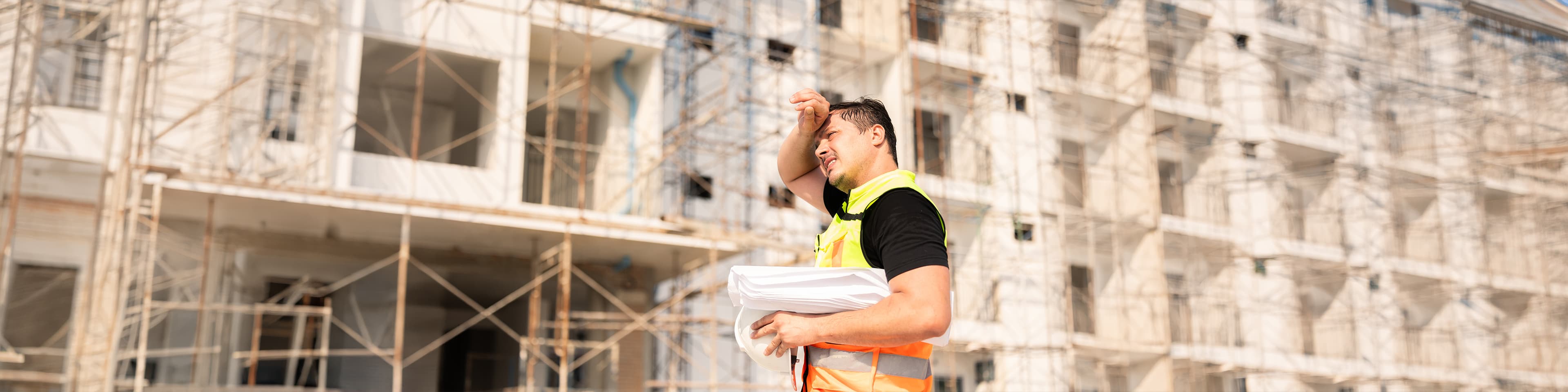 Tired sweating construction worker on building site under sunlight