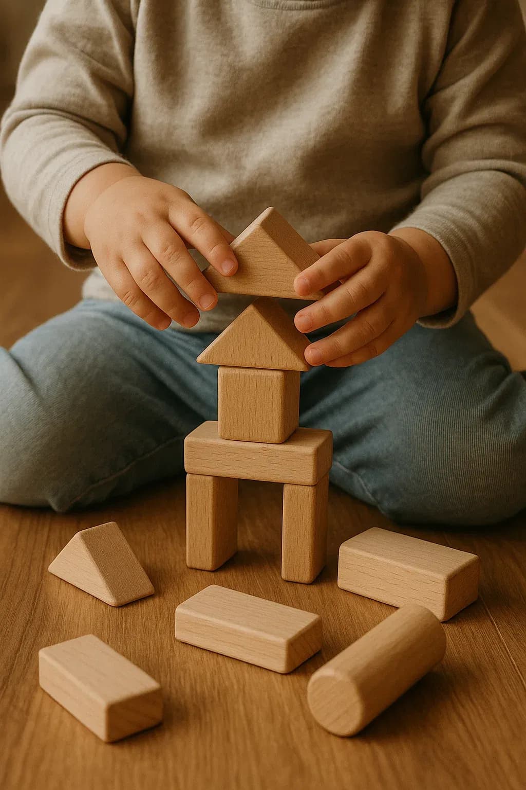 child playing with the wooden blocks
