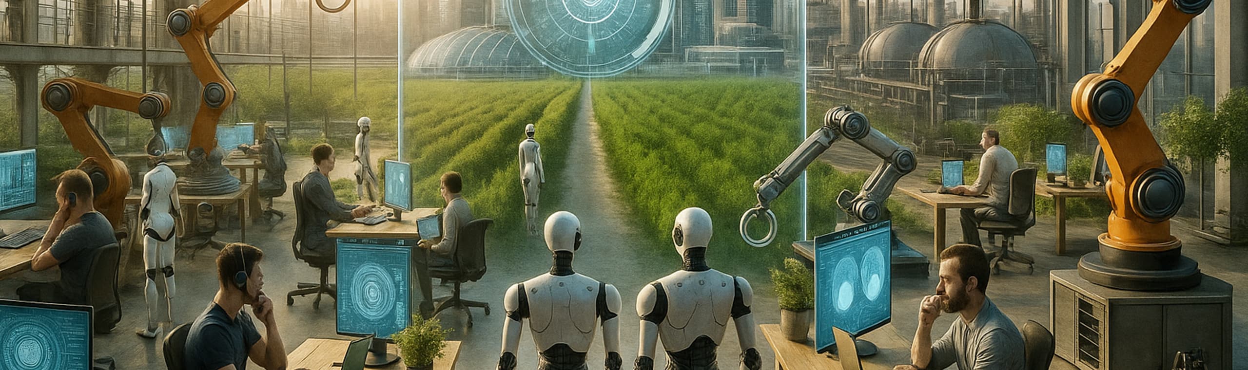 futuristic workspace with robots