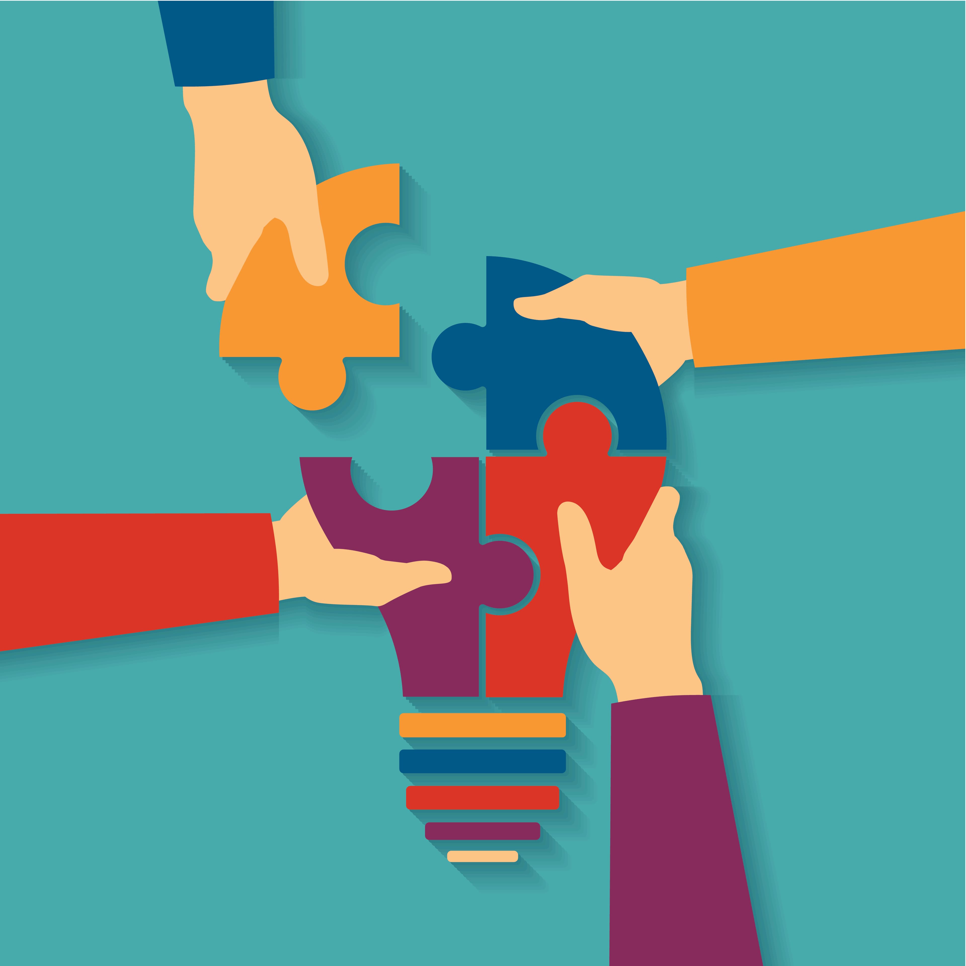 4 Cartoon hands putting the light bulb puzzles together - Citizen Engagement for Environmental Policy Design 