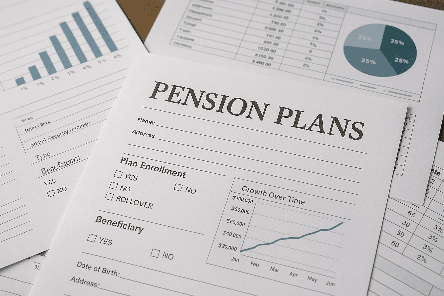image of paper sheets with forms, graphs and checkboxes where pension plans are being presented
