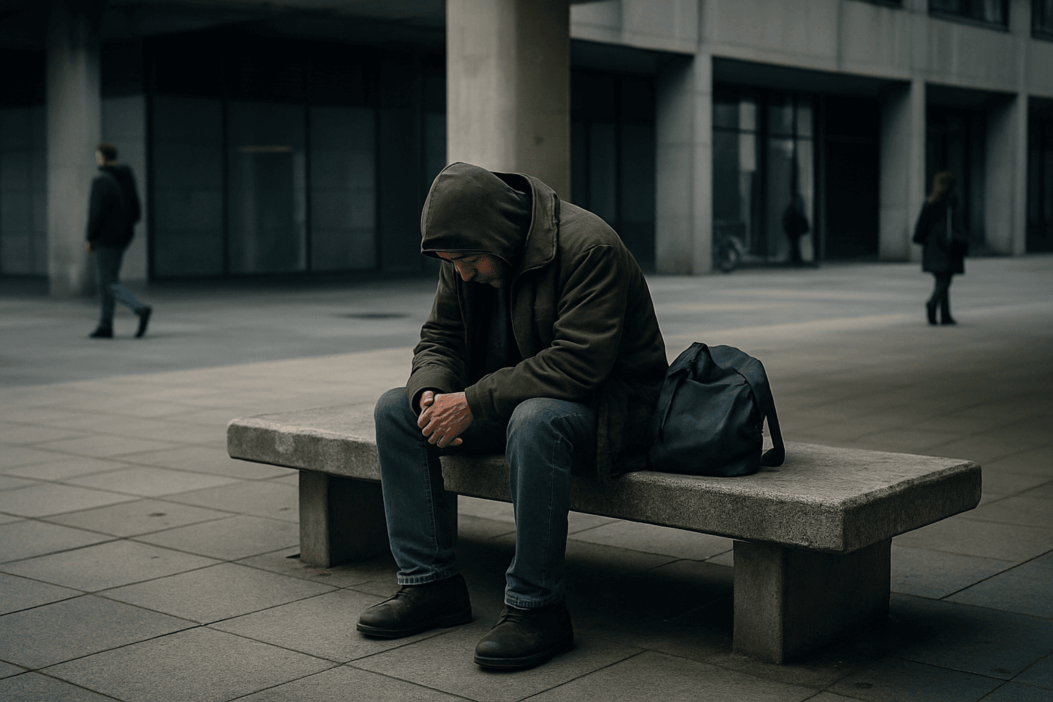 man in poverty and exclusion sitting on a bench in urban environment