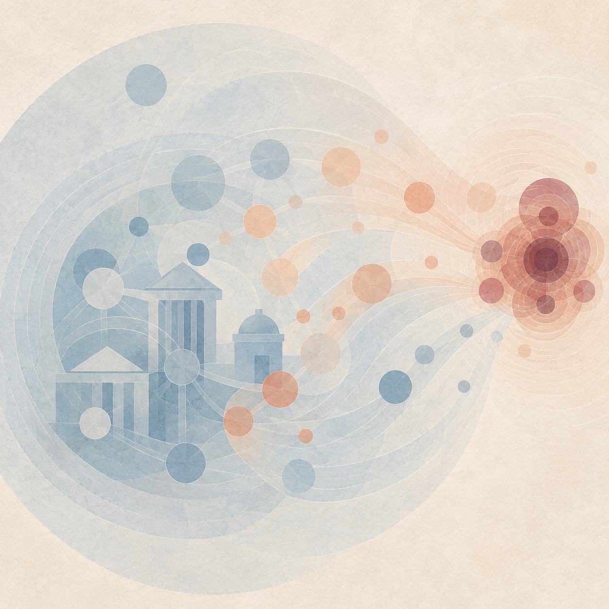 The concentrated burgundy cluster represents radical-right discourse, while the larger blue-grey field and institutional forms represent established political and media organizations. Overlapping circles and intersecting ripple lines communicate two-way adaptation, interaction, and gradual diffusion into the broader public sphere.