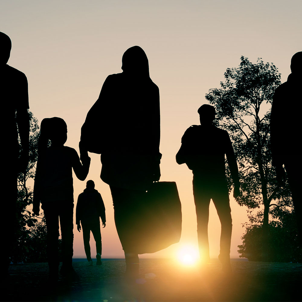 Migrants with luggage walking