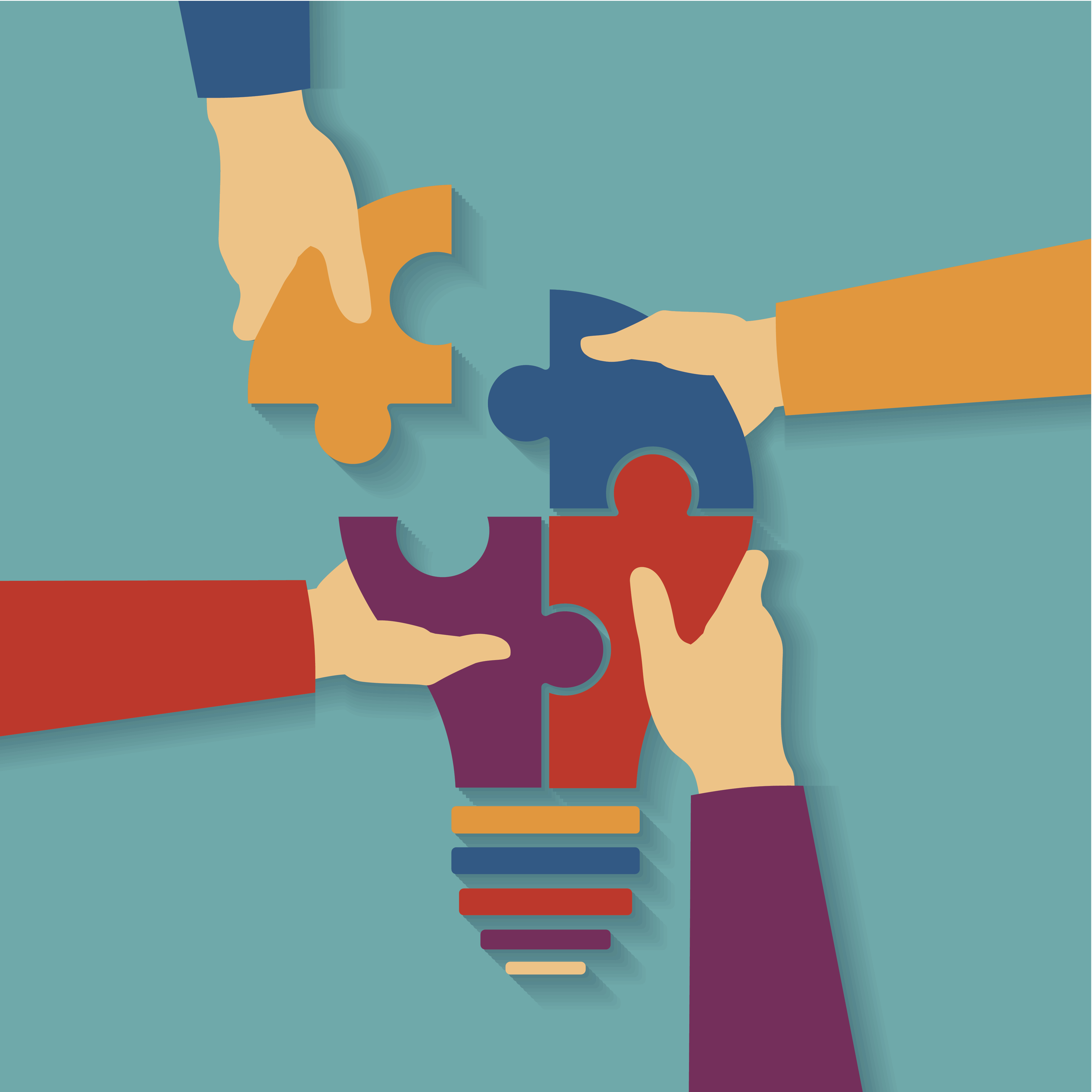 4 Cartoon hands putting the light bulb puzzles together - Citizen Engagement for Environmental Policy Design