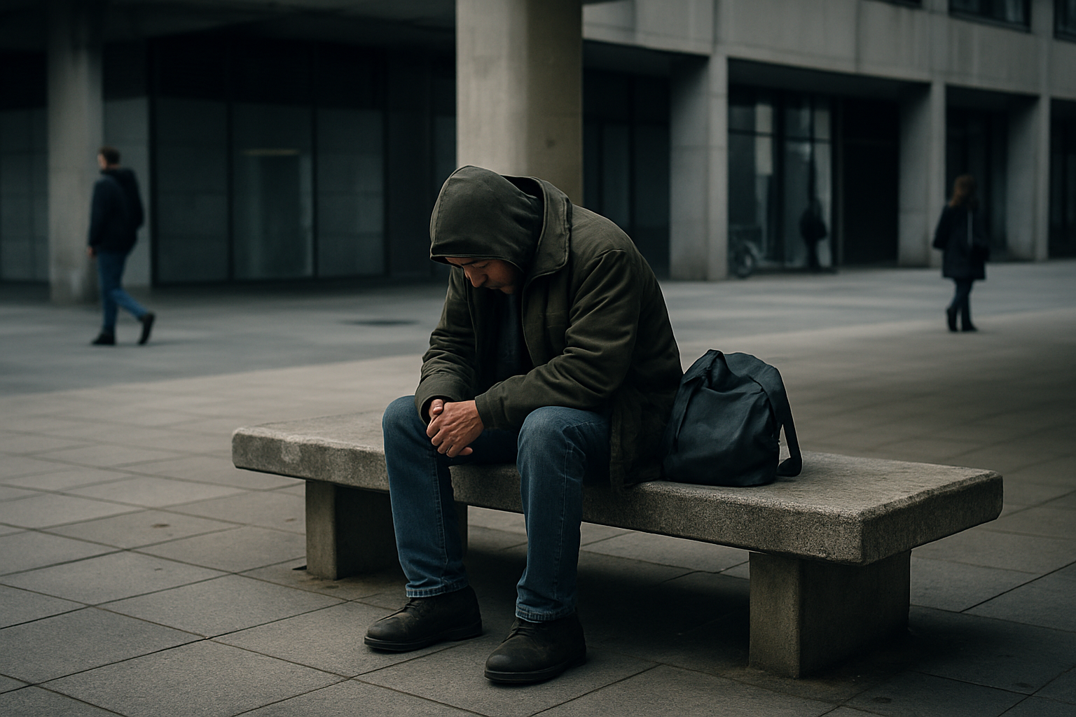 man in poverty and exclusion sitting on a bench in urban environment